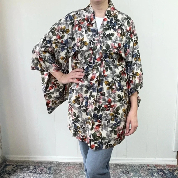 VTG Kimono Haori Traditional Japanese Jacket Silk Pattern Colorful Leaf Print OS - Picture 5 of 16